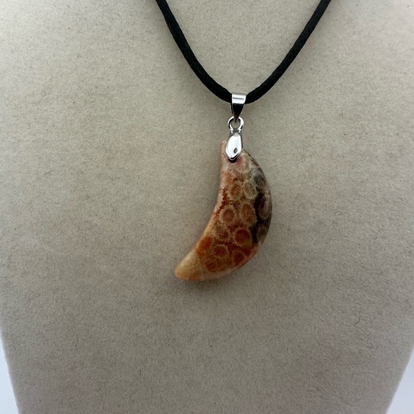 Coral Fossil Agate Crescent Moon Pendant on Satin Rope - Picture 8 of 8